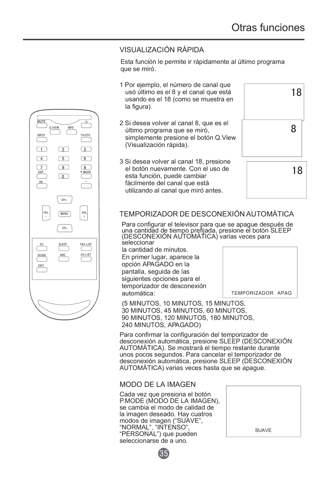 Haier HTR13 owner manual Visualización Rápida, Temporizador DE Desconexión Automática, Modo DE LA Imagen 