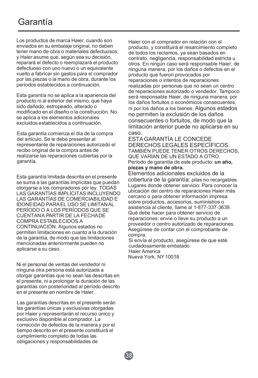 Haier HTR13 owner manual Esta Garantía LE Concede Derechos Legales Específicos 