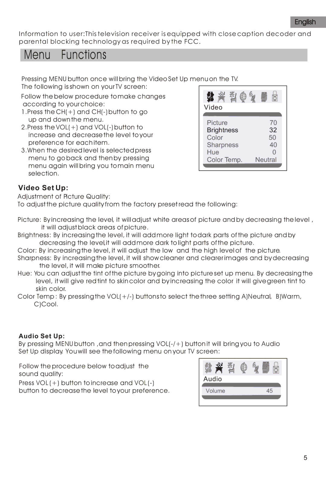 Haier HTR21S34 manual Menu Functions, Audio Set Up 