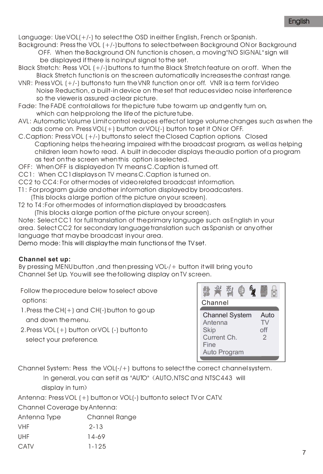 Haier HTR21S34 manual Channel set up, Antenna Skip Off Current Ch Fine Auto Program 