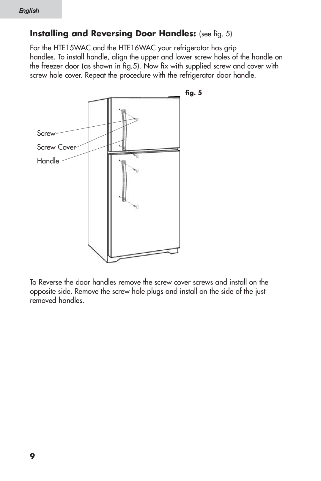 Haier HTV 15, 16 user manual Installing and Reversing Door Handles see fig 