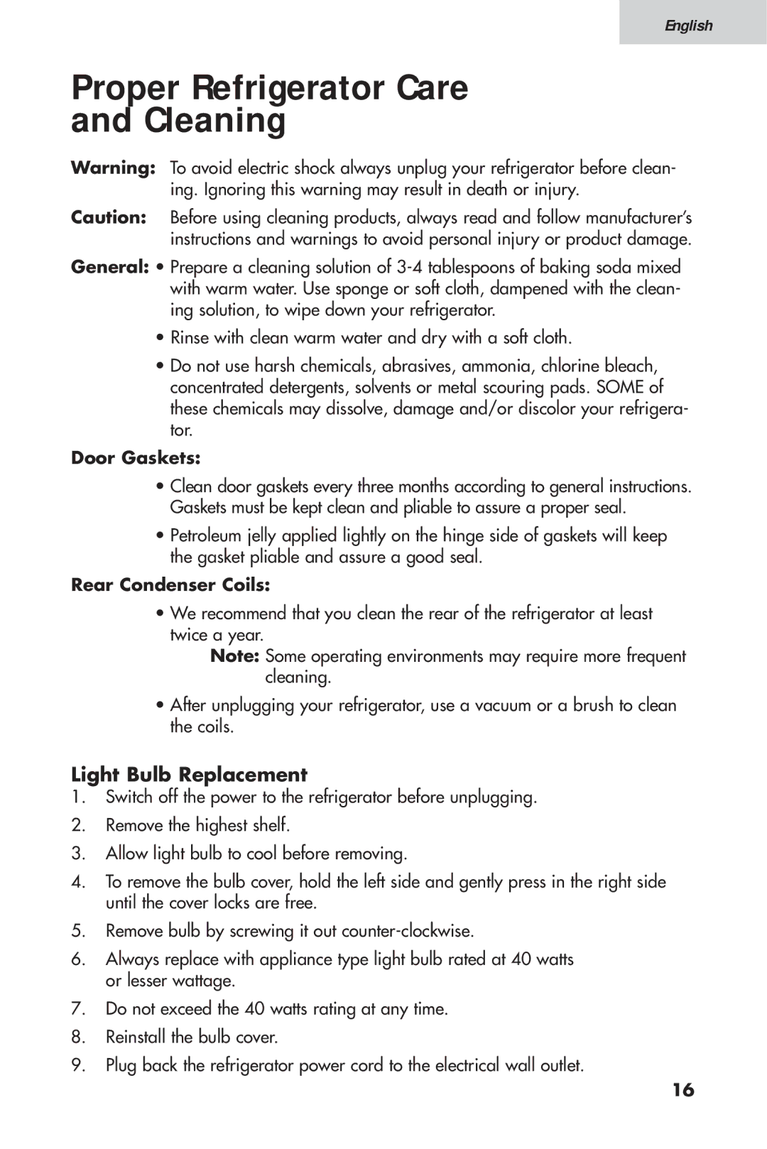 Haier 16, HTV 15 user manual Proper Refrigerator Care Cleaning, Light Bulb Replacement, Door Gaskets, Rear Condenser Coils 