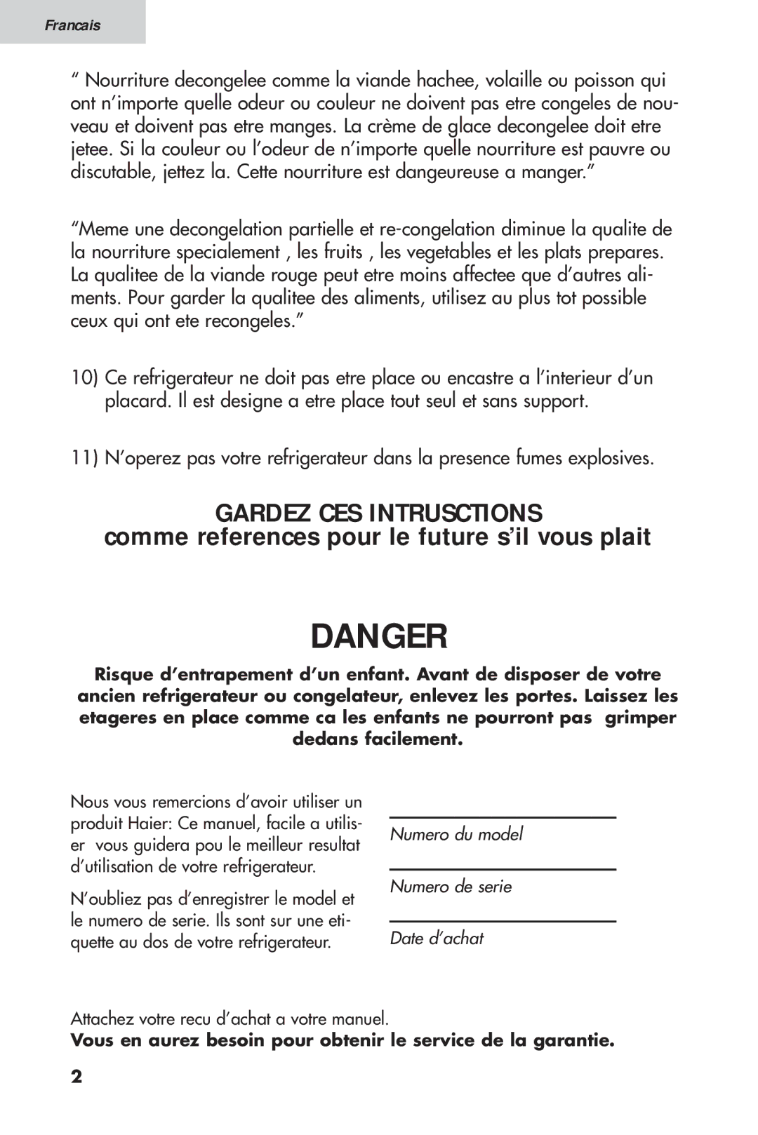 Haier HTV 15, 16 user manual Gardez CES Intrusctions, Vous en aurez besoin pour obtenir le service de la garantie 