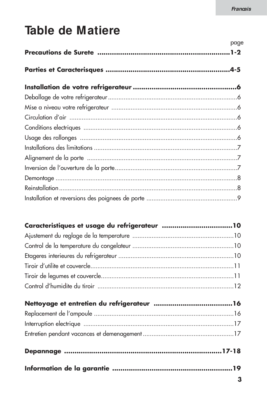 Haier 16, HTV 15 Table de Matiere, Caracteristiques et usage du refrigerateur, Nettoyage et entretien du refrigerateur 