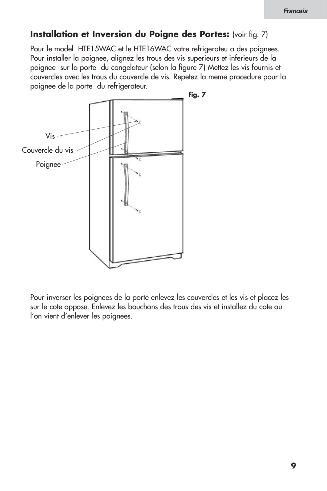 Haier 16, HTV 15 user manual Installation et Inversion du Poigne des Portes voir fig 