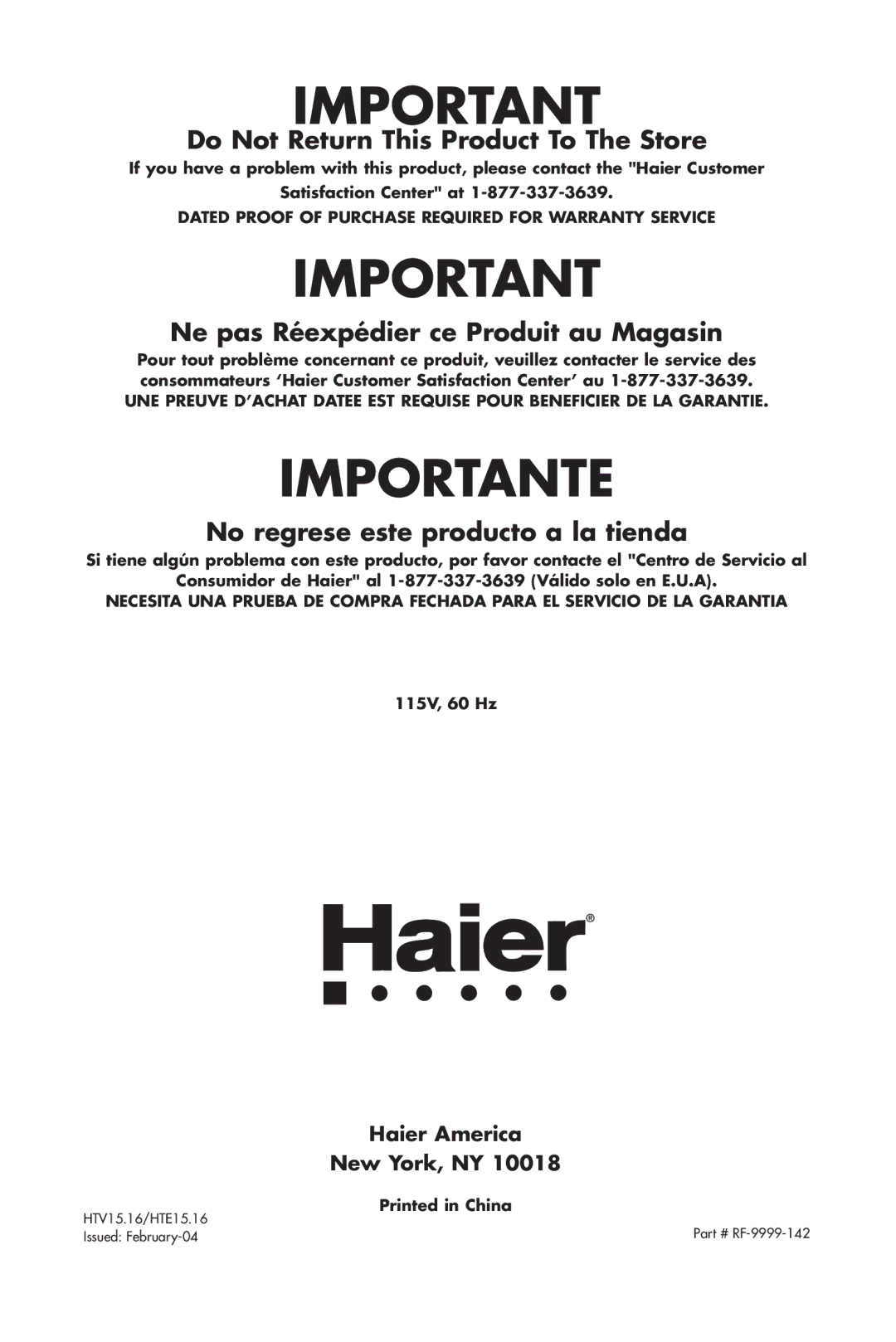 Haier HTV 15, 16 user manual Do Not Return This Product To The Store, Haier America New York, NY 