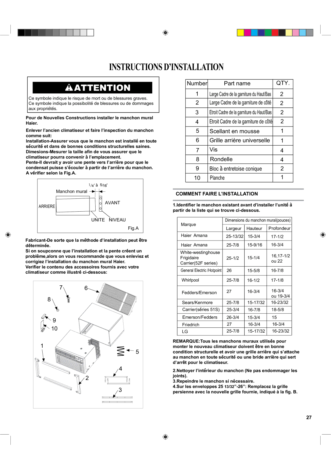 Haier HTWR12XCK, HTWR12VCK, HTWR08XCK, HTWR10XCK Instructionsd’Installation, Comment Faire L’INSTALLATION, Manchon mural 