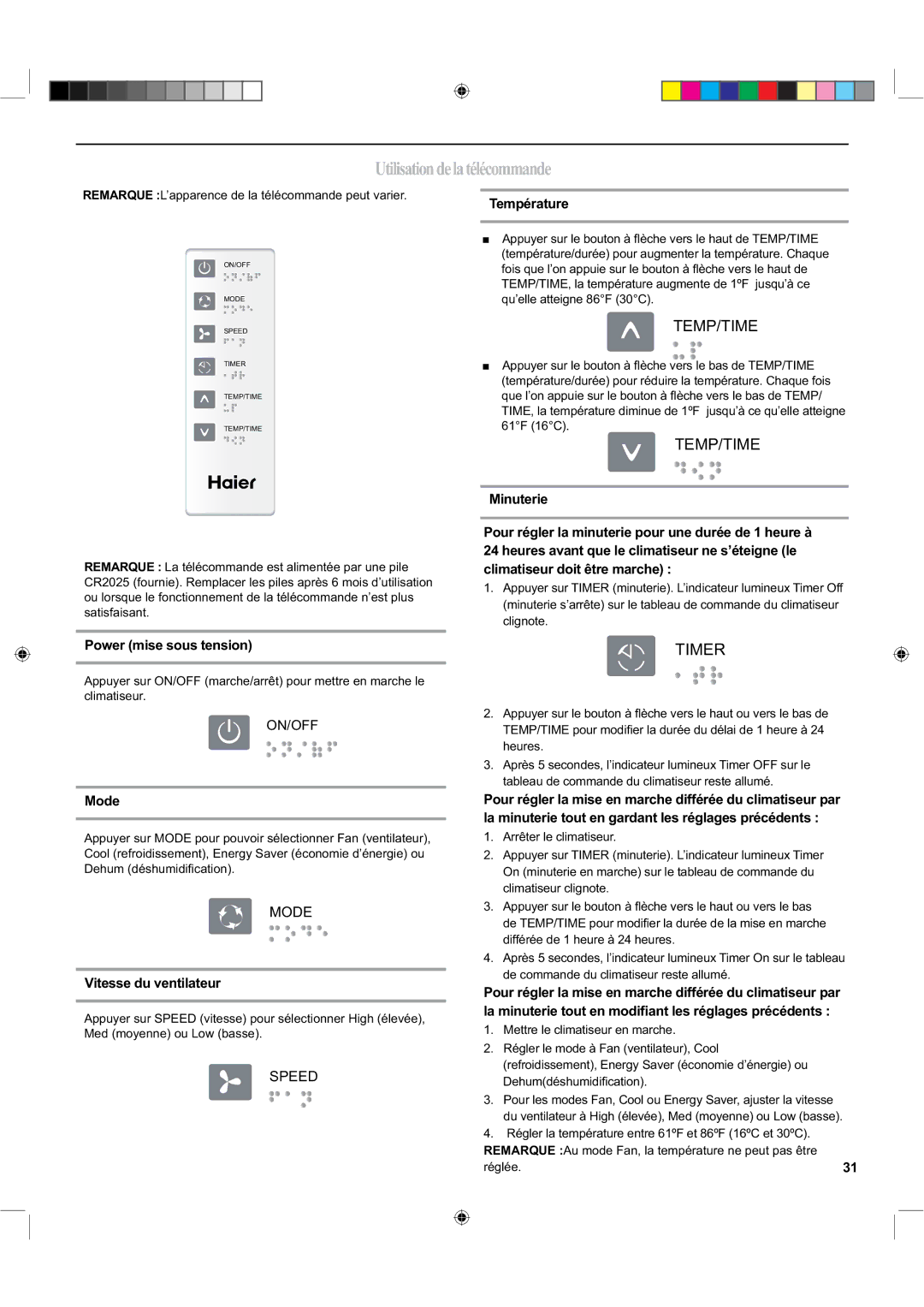 Haier HTWR08XCK, HTWR12VCK, HTWR12XCK manual Utilisationdelatélécommande, Power mise sous tension, Vitesse du ventilateur 