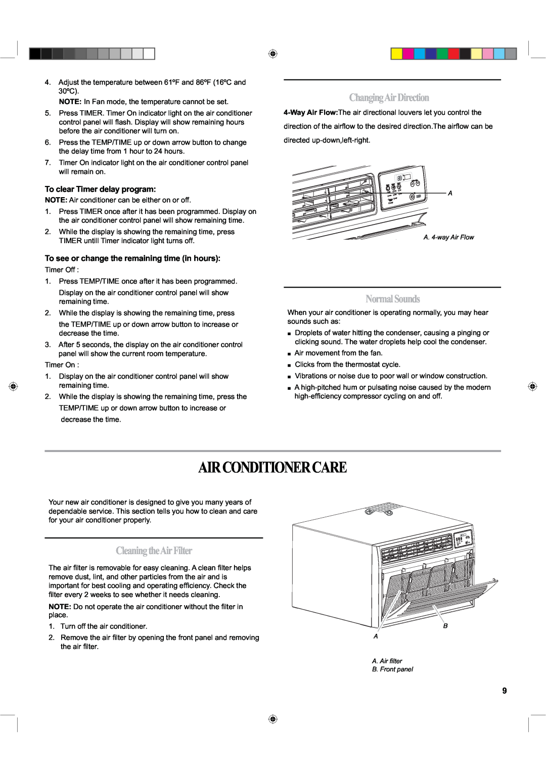 Haier HTWR10VCK Airconditionercare, ChangingAirDirection, NormalSounds, CleaningtheAirFilter, To clear Timer delay program 