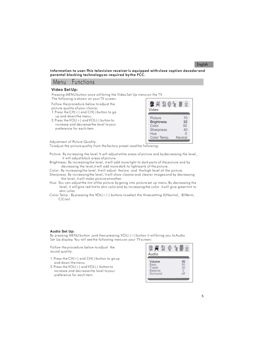 Haier HTX25S31, HTX29S31S, HTX34S31 manual Menu Functions 