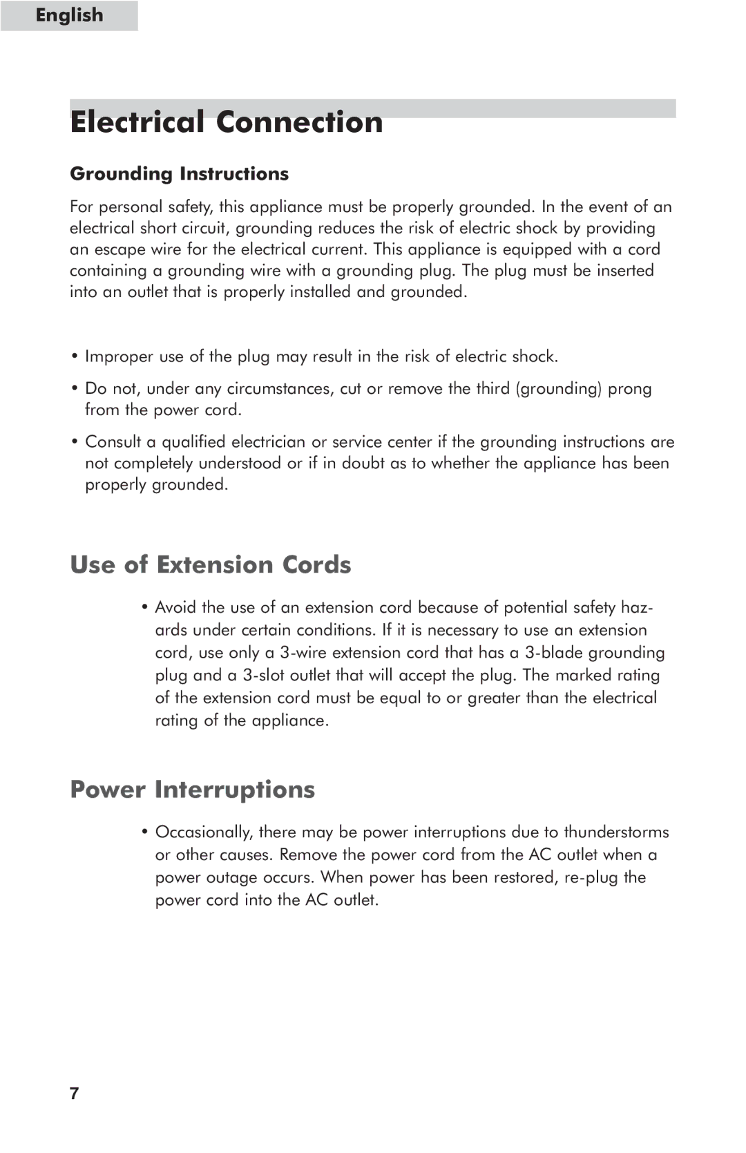 Haier HUF205PA, HUF138PA user manual Electrical Connection, Grounding Instructions 