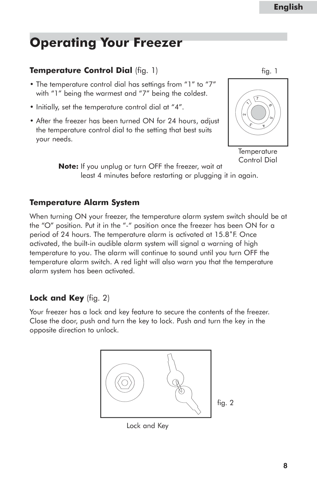 Haier HUF138PA, HUF205PA user manual Temperature Control Dial fig, Temperature Alarm System, Lock and Key fig 