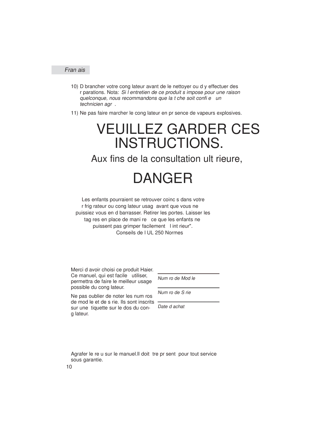 Haier HUM013EA user manual Veuillez Garder CES Instructions, Aux fins de la consultation ultérieure 