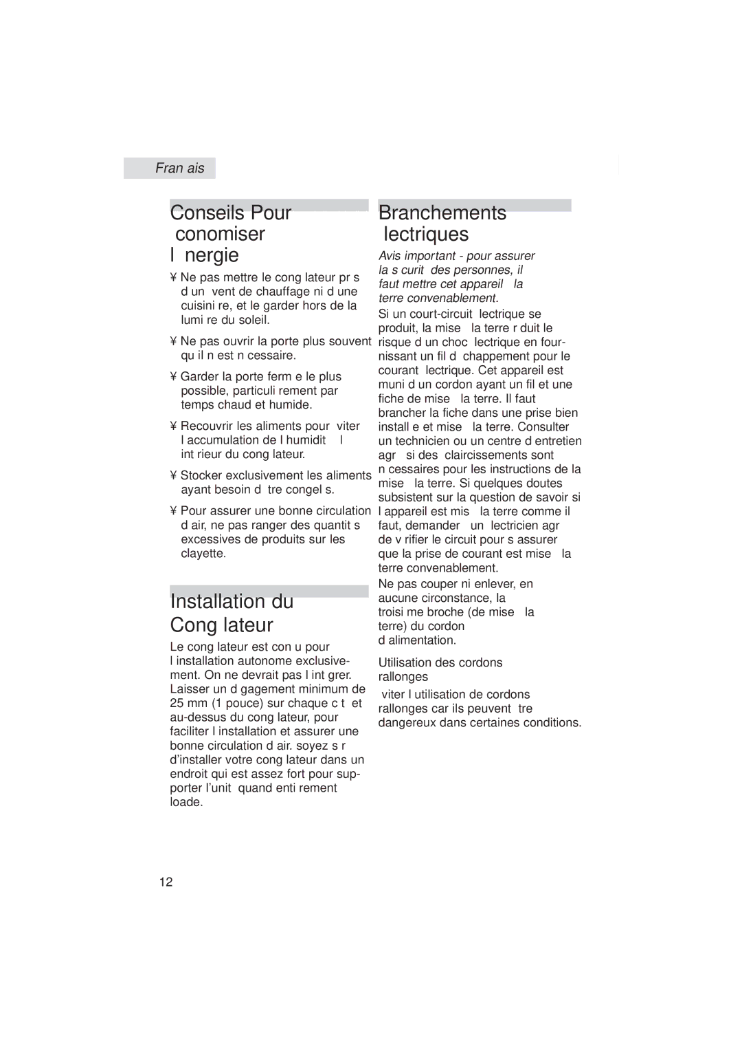 Haier HUM013EA user manual Conseils Pour économiser l’énergie, Installation du Congélateur, Branchements électriques 