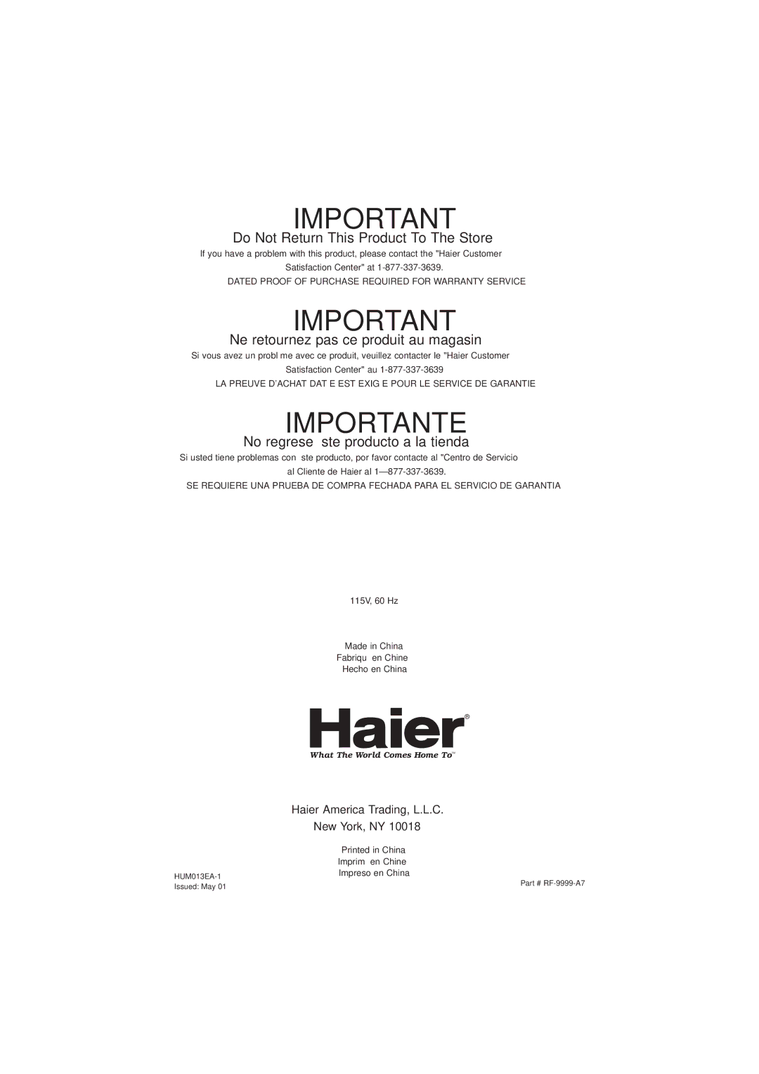 Haier HUM013EA user manual Importante 