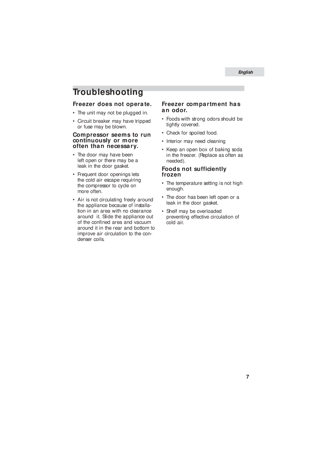 Haier HUM013EA user manual Troubleshooting, Freezer compartment has an odor 