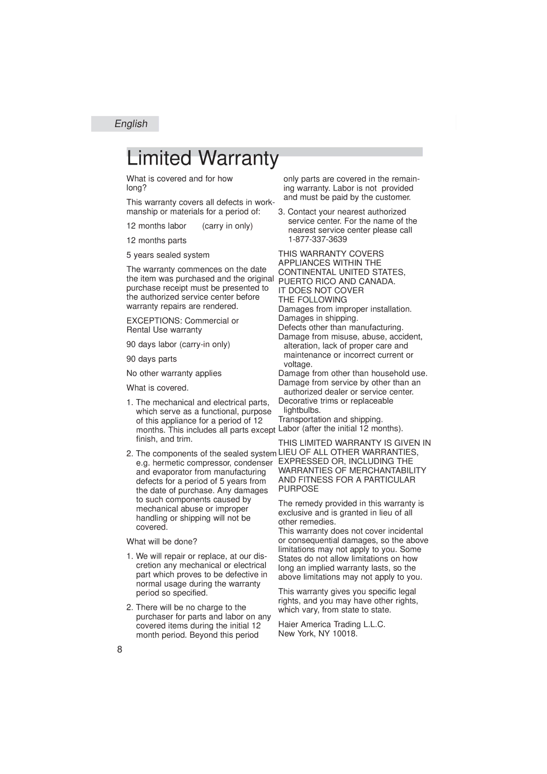 Haier HUM013EA user manual Limited Warranty 