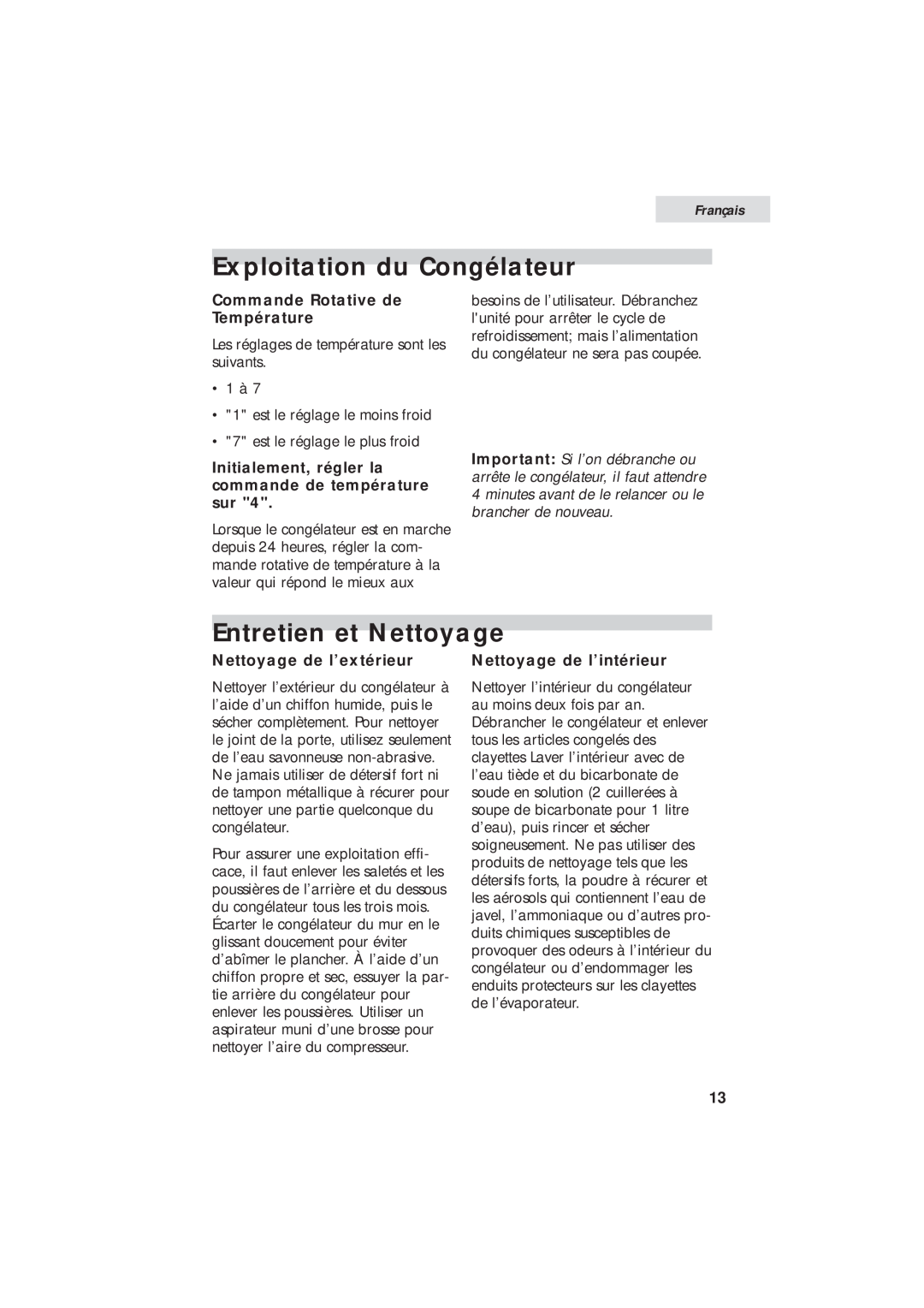 Haier HUM013EA user manual Exploitation du Congélateur, Entretien et Nettoyage, Commande Rotative de Température, Français 