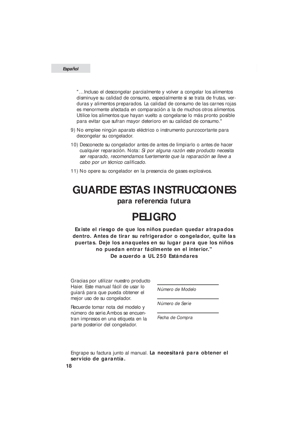 Haier HUM013EA Guarde Estas Instrucciones, Peligro, para referencia futura, De acuerdo a UL 250 Estándares, Español 
