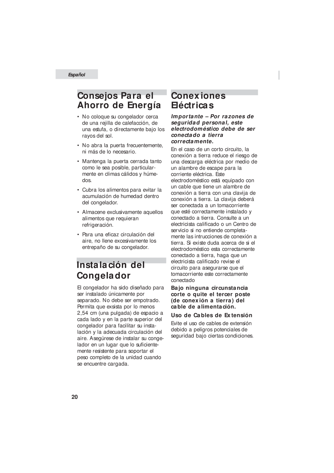 Haier HUM013EA user manual Consejos Para el Ahorro de Energía, Instalación del Congelador, Conexiones Eléctricas, Español 