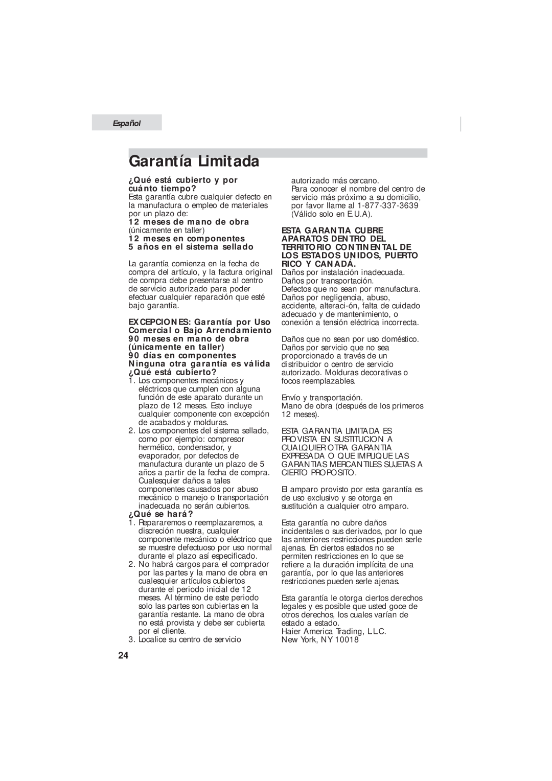 Haier HUM013EA user manual Garantía Limitada, Español 