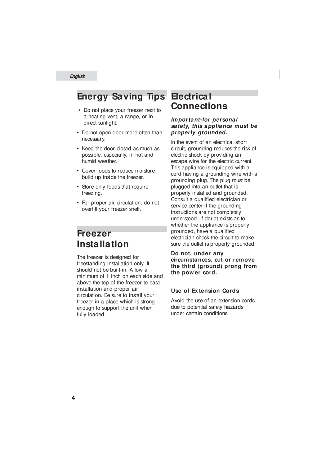 Haier HUM013EA Energy Saving Tips, Electrical, Connections, Freezer, Installation, Important-forpersonal, the power cord 