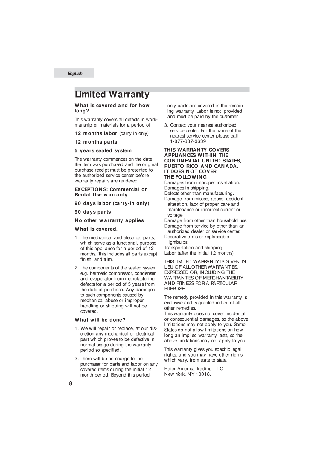 Haier HUM013EA user manual Limited Warranty, English 