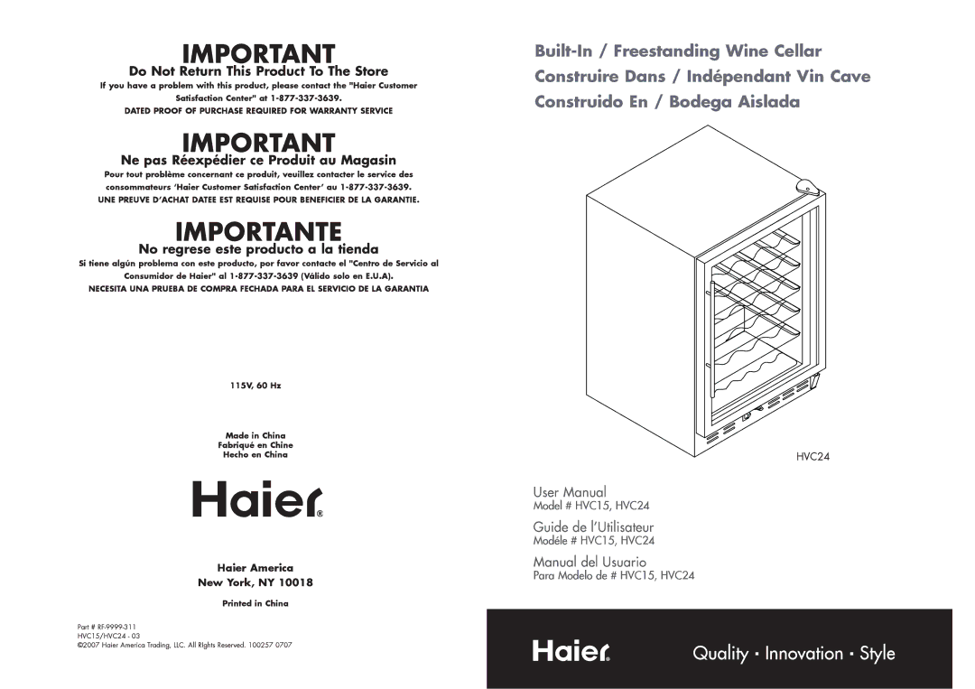 Haier HVC15 manual 