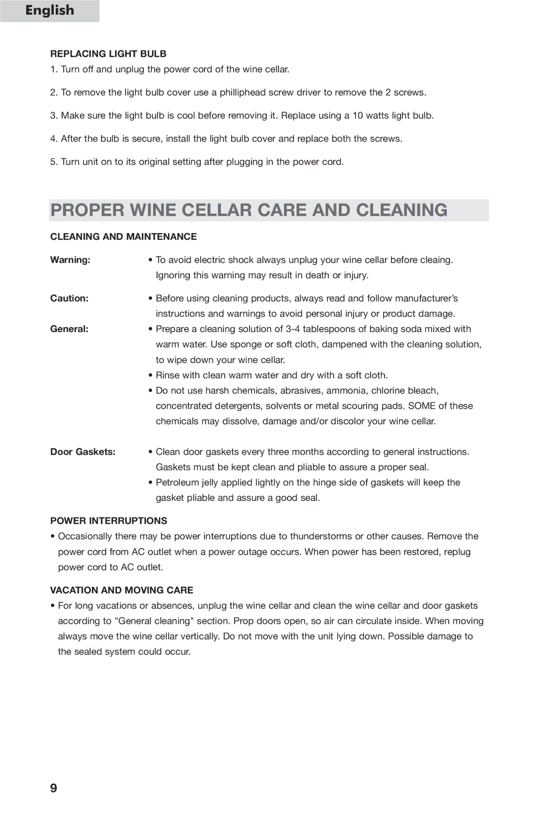 Haier HVC24 Proper Wine Cellar Care and Cleaning, Replacing Light Bulb, Cleaning and Maintenance, Power Interruptions 