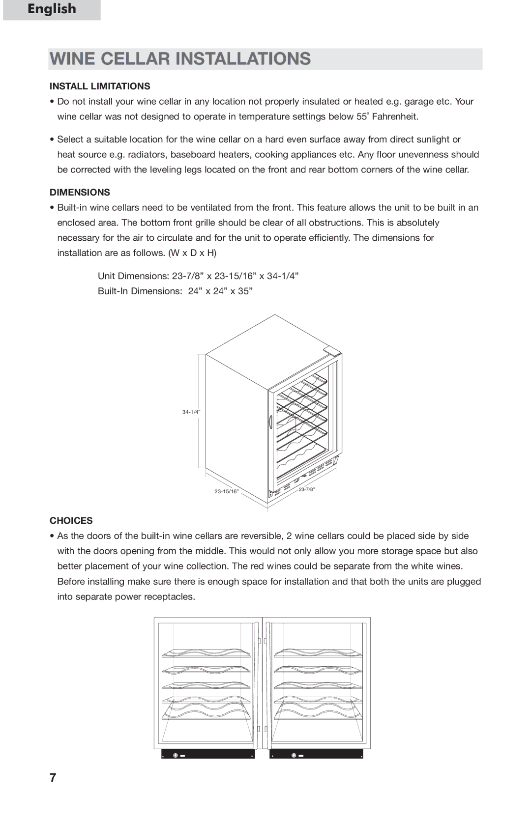 Haier HVCE24, HVC24B user manual Wine Cellar Installations, Install Limitations, Dimensions, Choices 