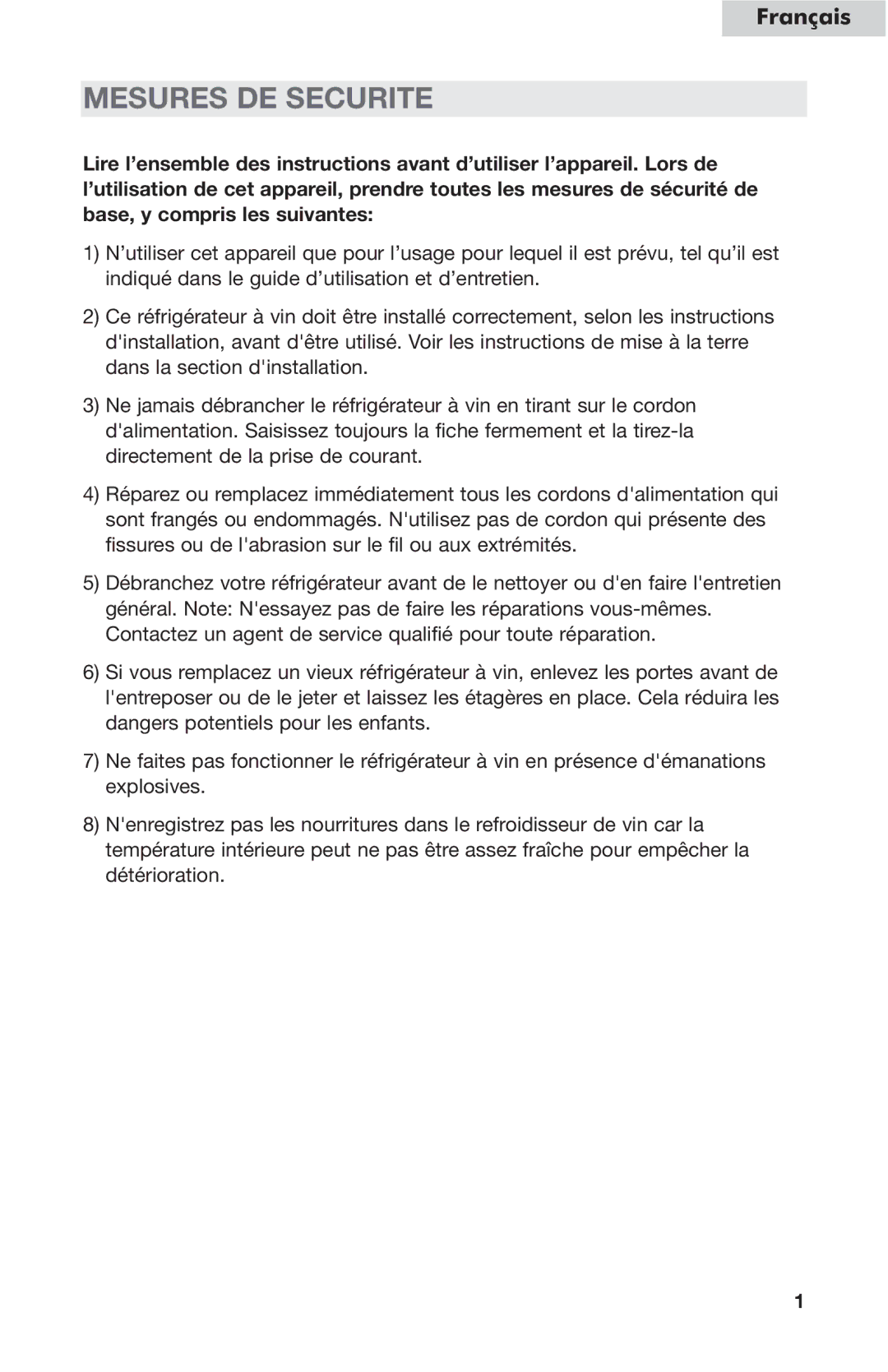 Haier HVC24B user manual Mesures DE Securite 