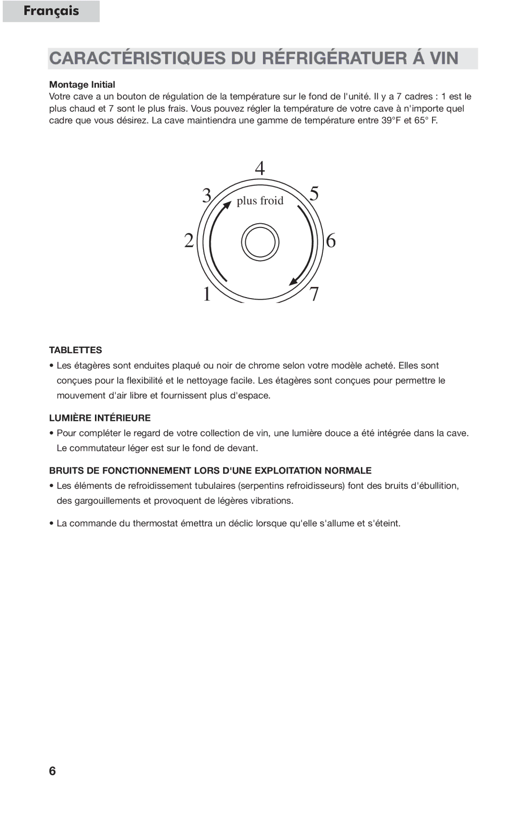 Haier HVC24B user manual Caractéristiques DU Réfrigératuer Á VIN, Montage Initial, Tablettes, Lumière Intérieure 