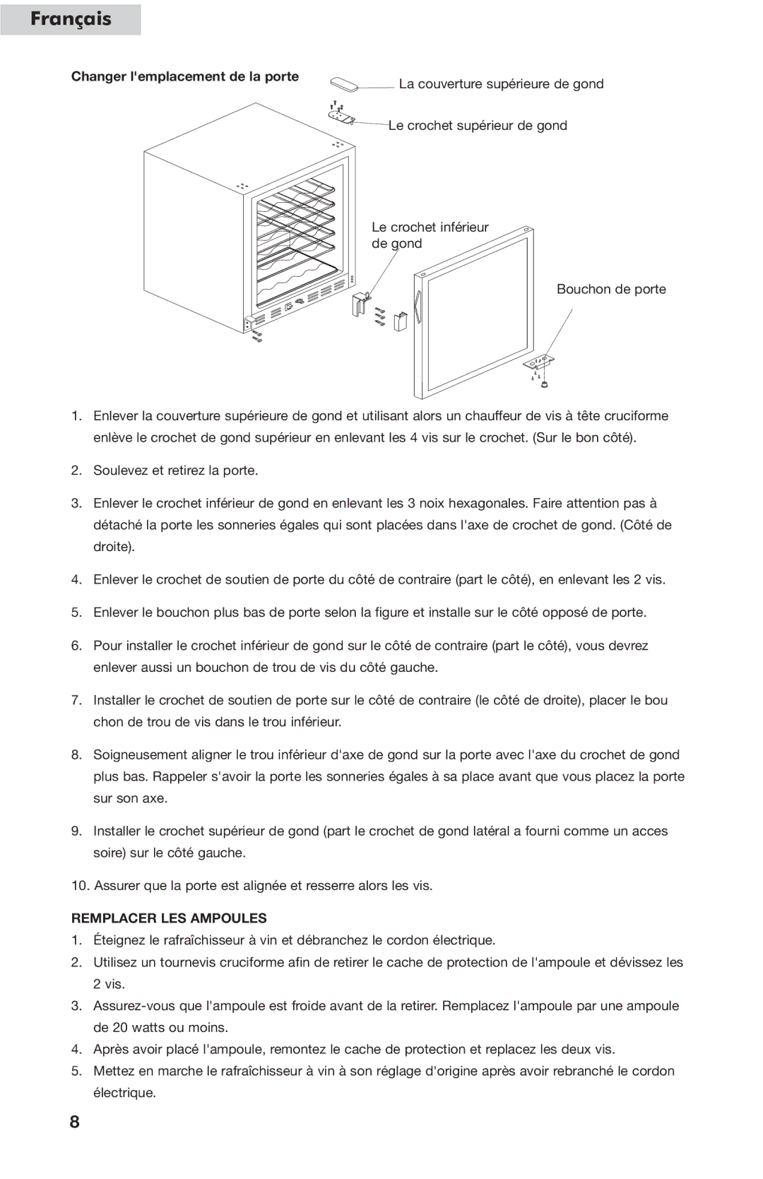 Haier HVC24B user manual Changer lemplacement de la porte, Remplacer LES Ampoules 