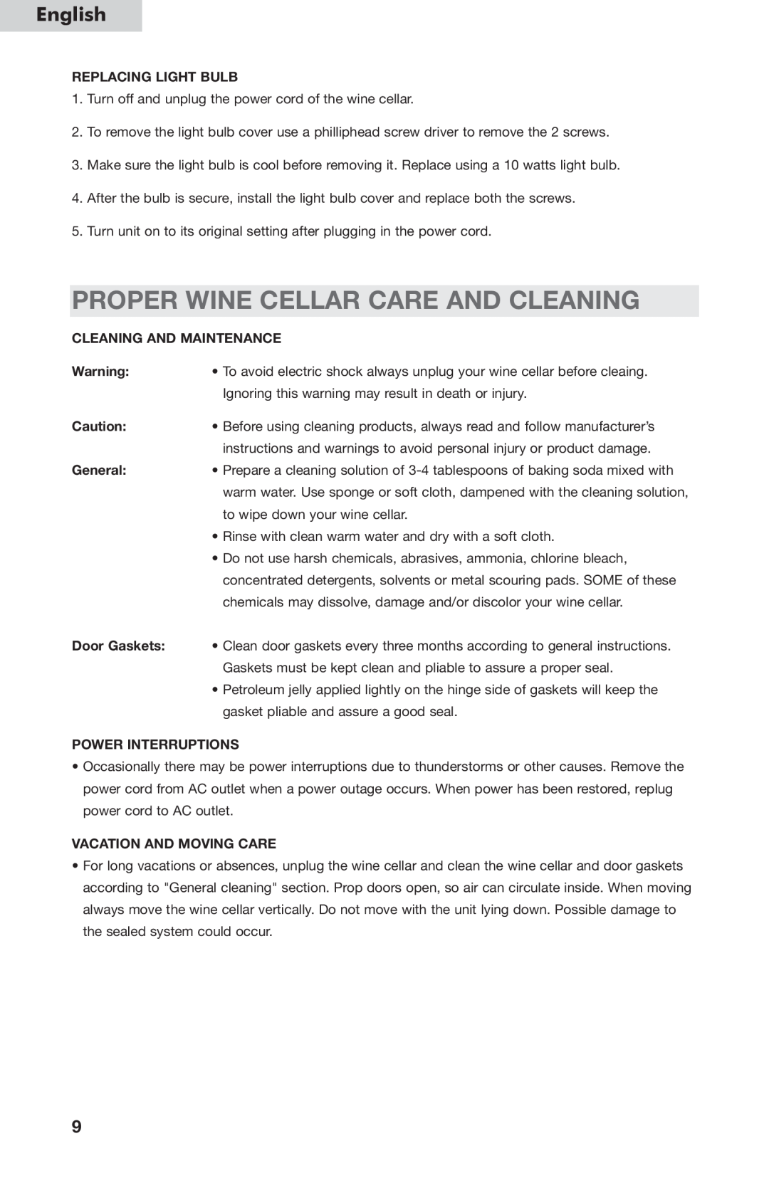 Haier HVC24B Proper Wine Cellar Care And Cleaning, Replacing Light Bulb, Cleaning And Maintenance, Power Interruptions 