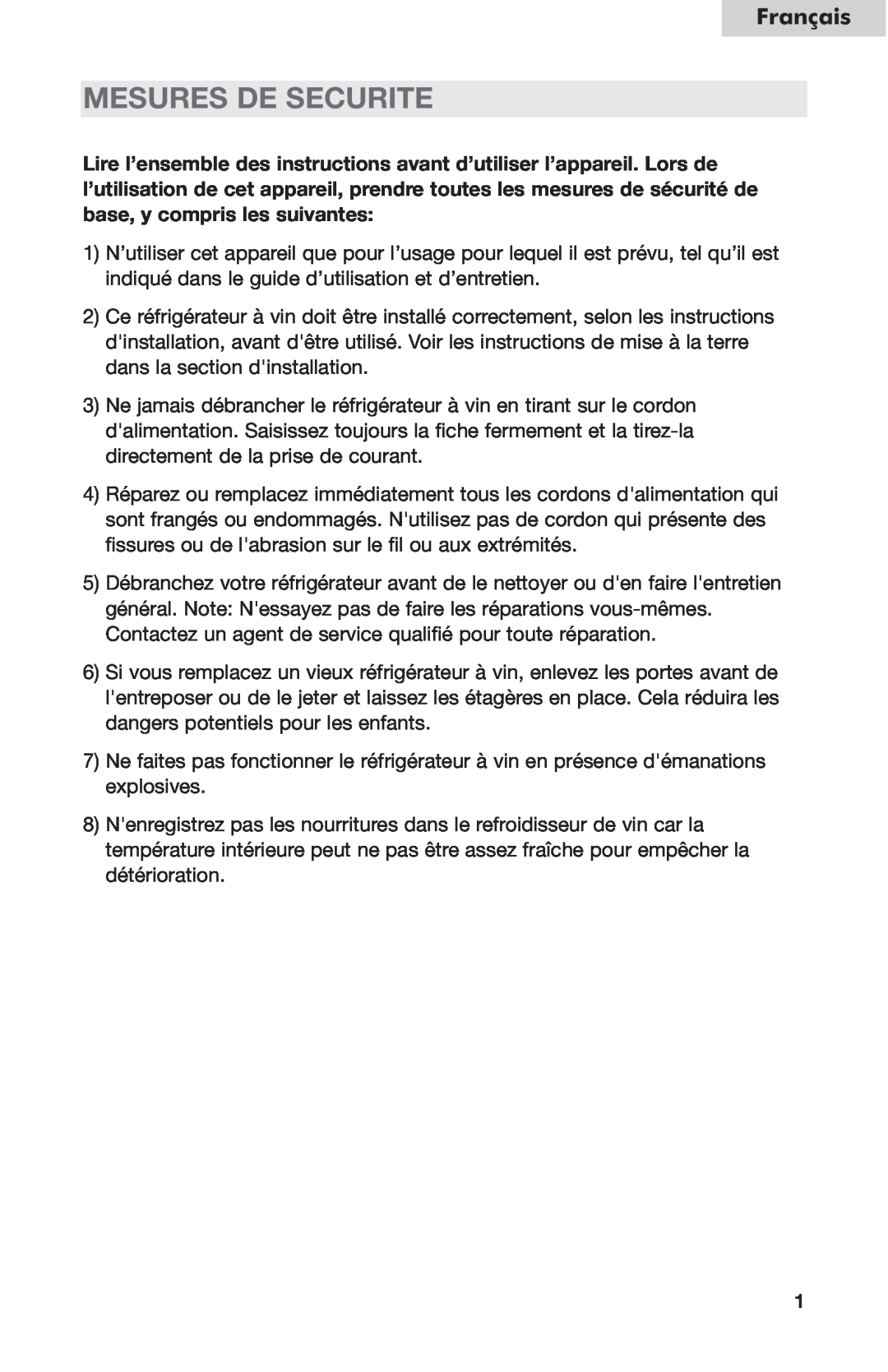 Haier HVC24B user manual Mesures De Securite, Français 