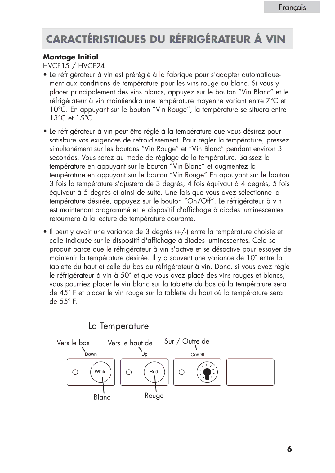 Haier HVCE15, HVCE24 user manual Caractéristiques DU Réfrigérateur Á VIN, Montage Initial 