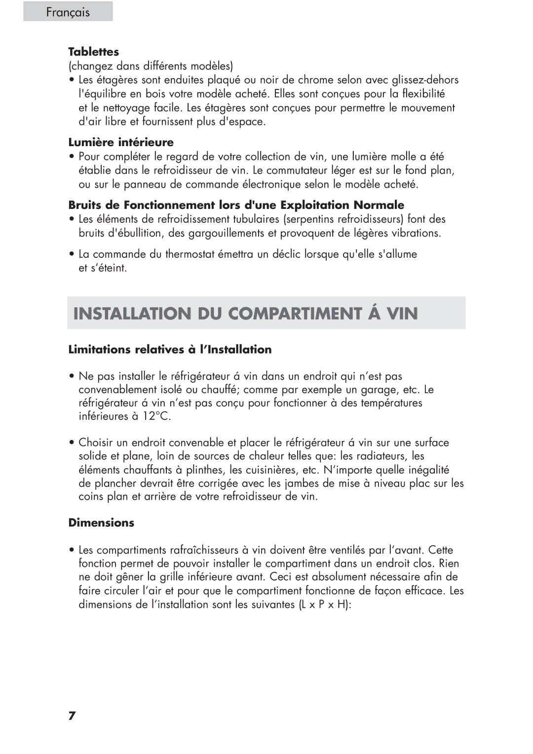 Haier HVCE24 Installation DU Compartiment Á VIN, Tablettes, Lumière intérieure, Limitations relatives à l’Installation 