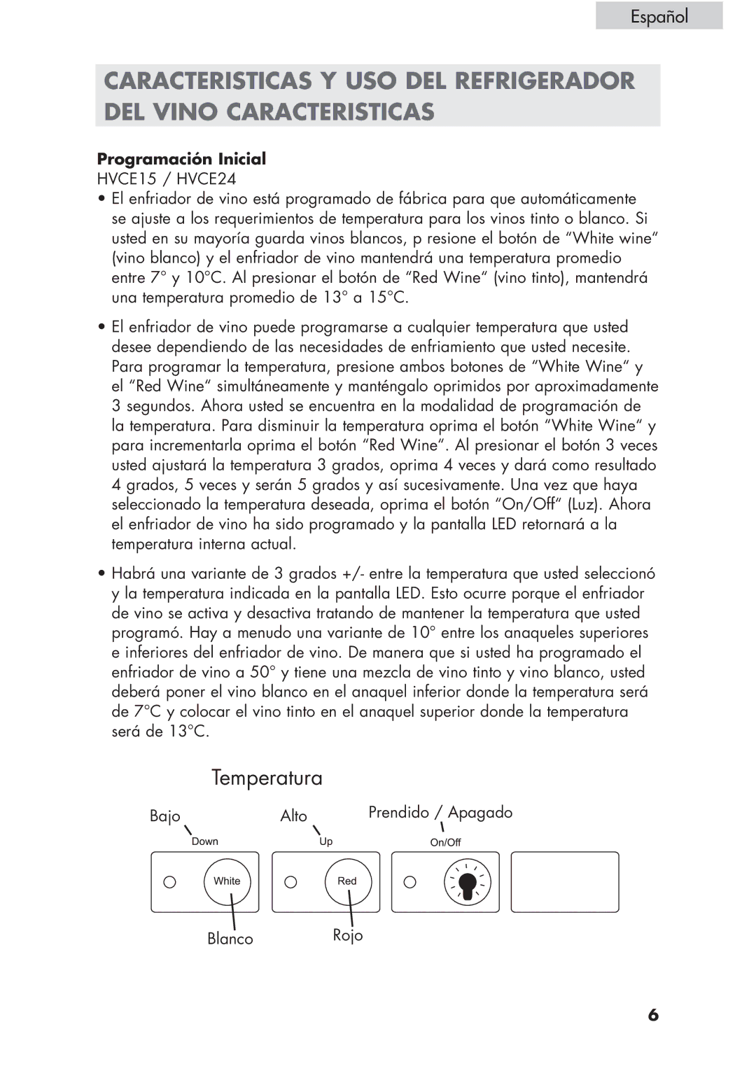 Haier HVCE15, HVCE24 user manual Temperatura, Programación Inicial 