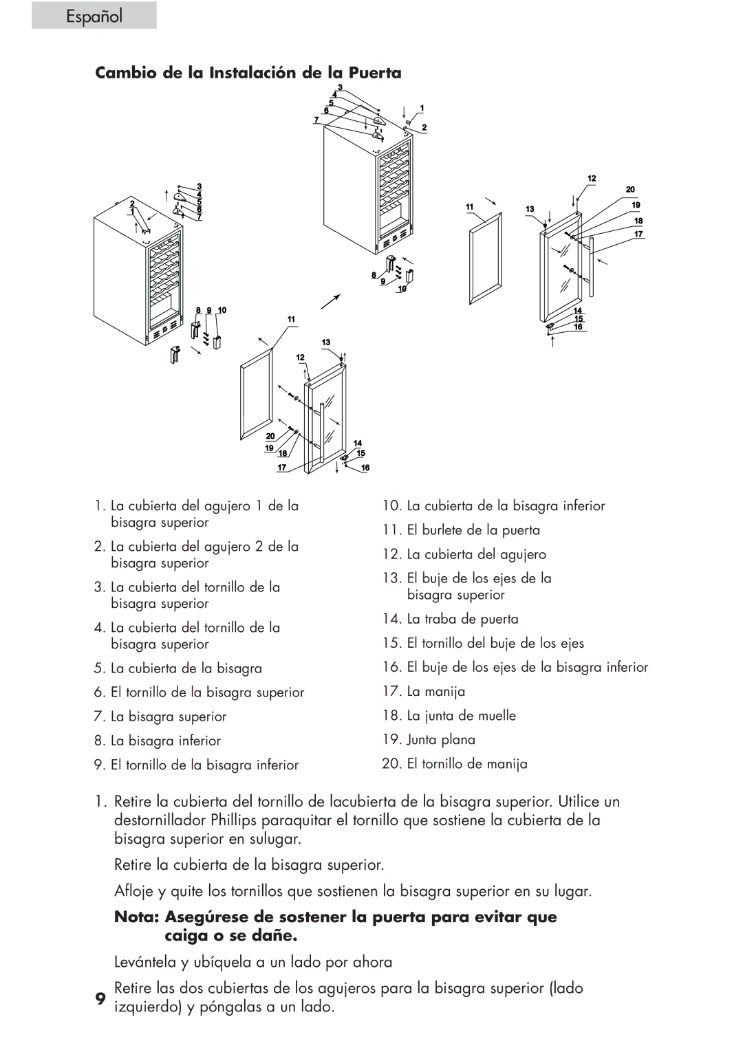 Haier HVCE24, HVCE15 user manual Cambio de la Instalación de la Puerta 