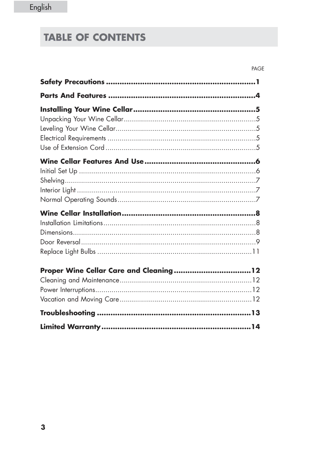 Haier HVCE24, HVCE15 user manual Table of Contents 