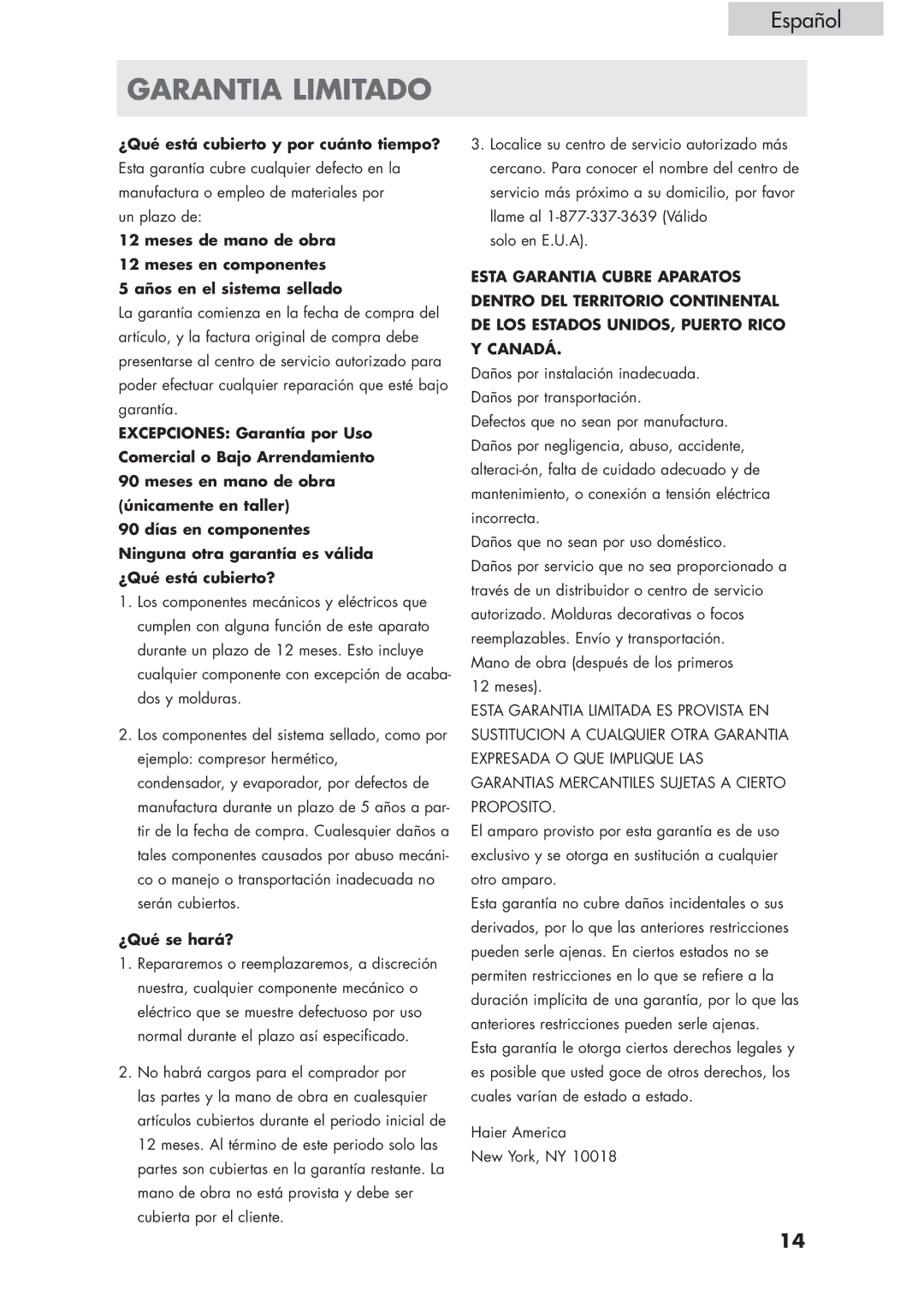 Haier HVCE15, HVCE24 user manual Garantia Limitado, ¿Qué está cubierto y por cuánto tiempo? 