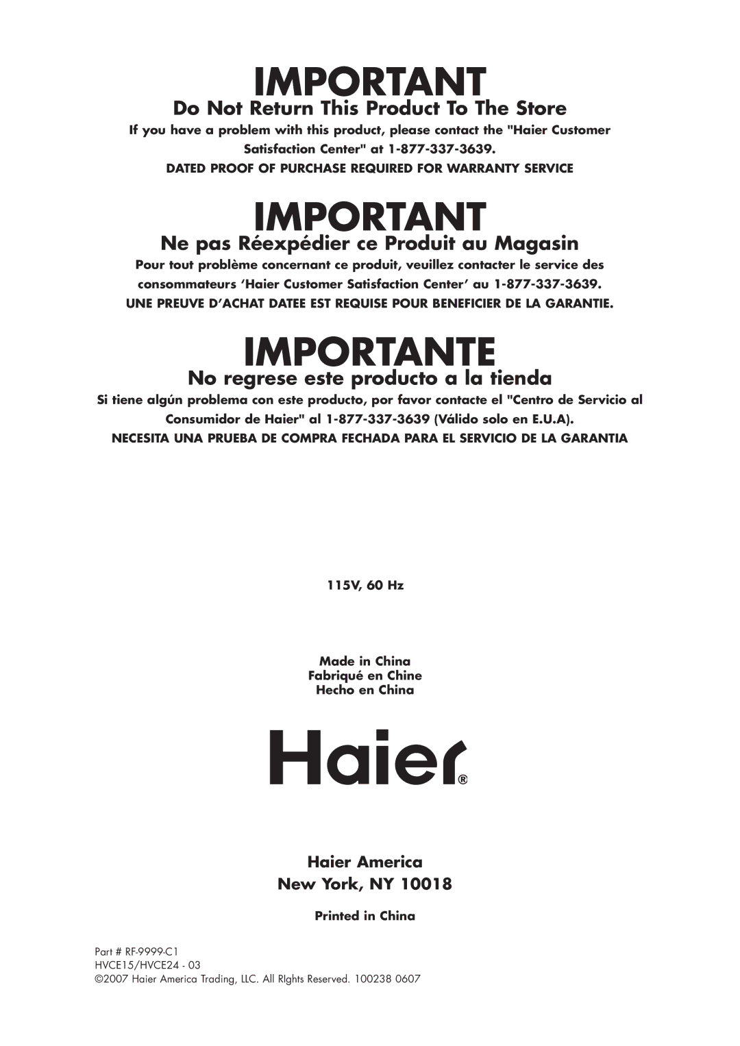 Haier HVCE24, HVCE15 user manual Do Not Return This Product To The Store, Haier America New York, NY 