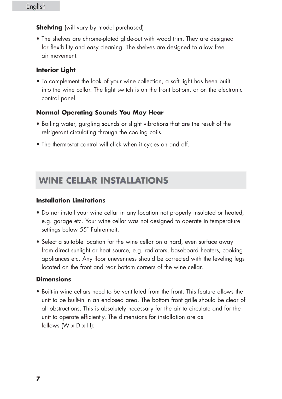 Haier HVCE24 Wine Cellar Installations, Interior Light, Normal Operating Sounds You May Hear, Installation Limitations 