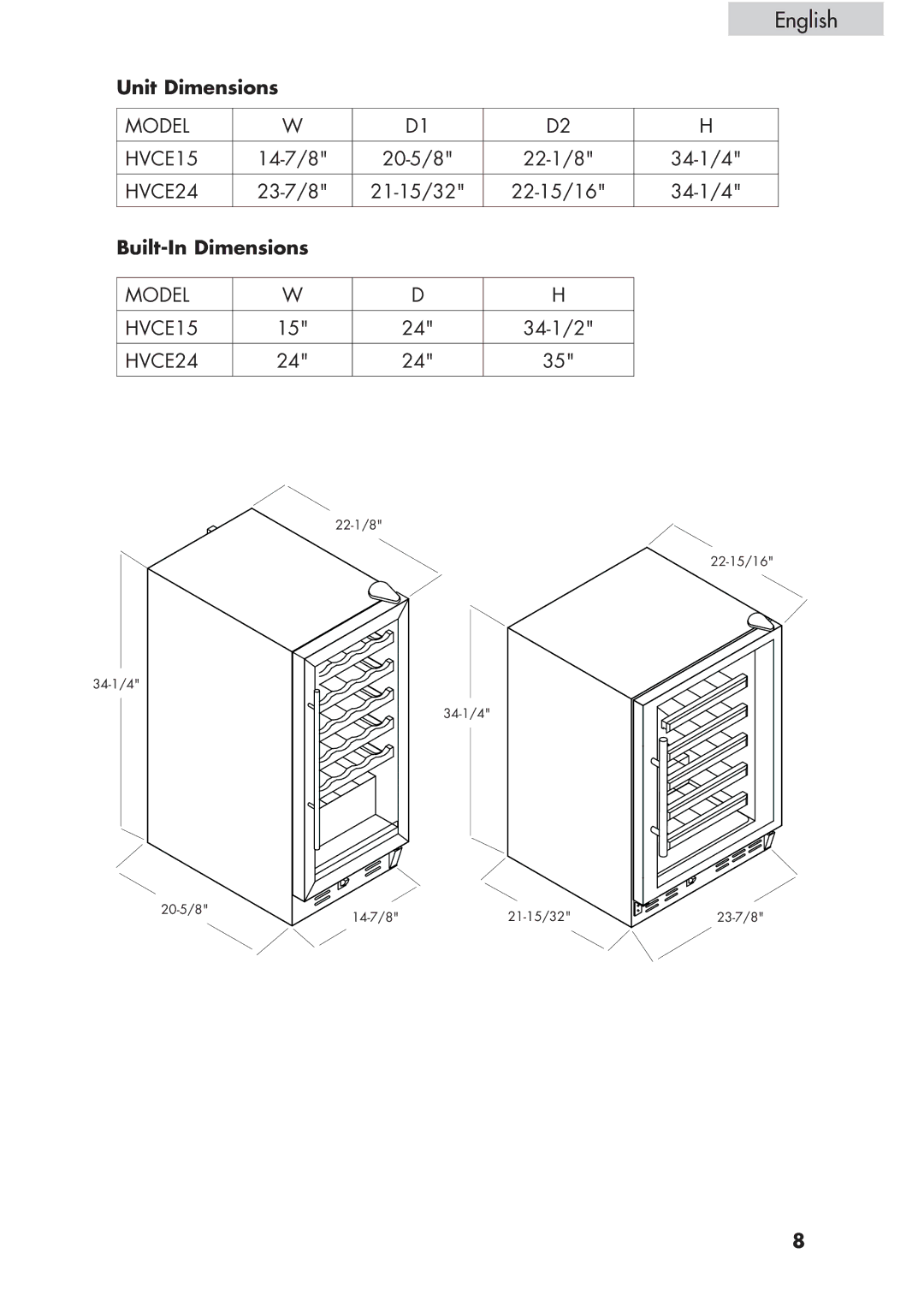 Haier HVCE15, HVCE24 user manual Unit Dimensions, Built-In Dimensions 