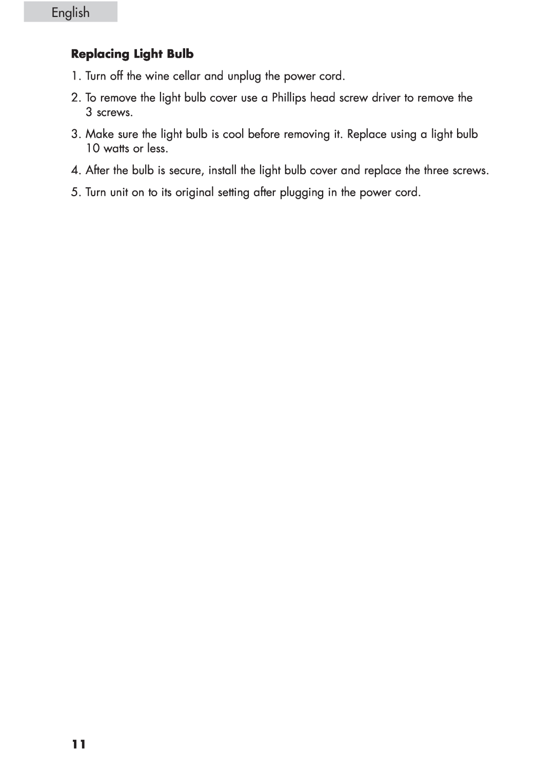 Haier HVCE24, HVCE15 user manual English, Replacing Light Bulb 