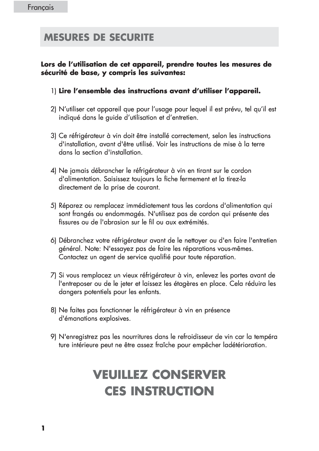 Haier HVCE24, HVCE15 user manual Veuillez Conserver Ces Instruction, Mesures De Securite, Français 