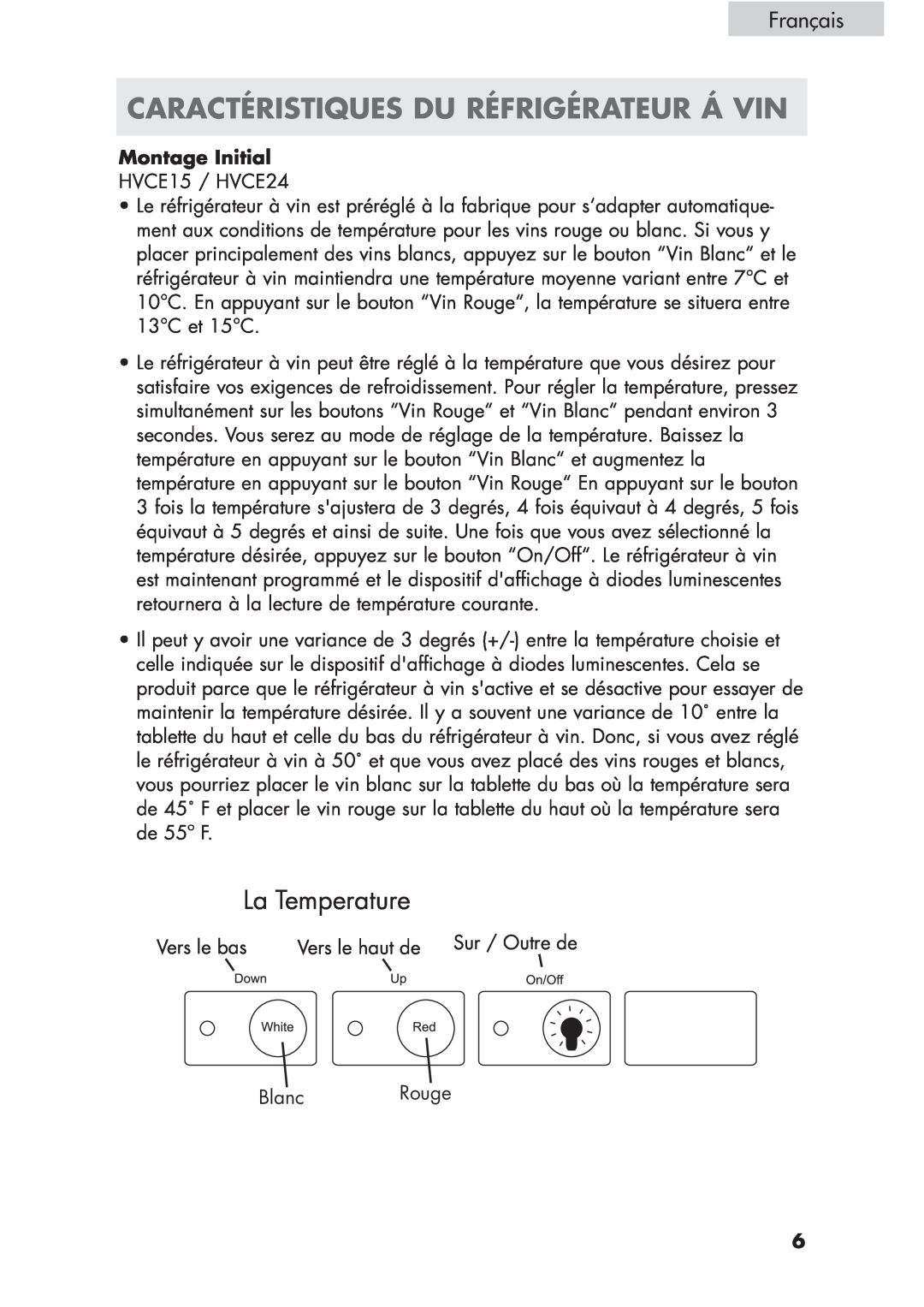 Haier HVCE15, HVCE24 user manual Caractéristiques Du Réfrigérateur Á Vin, La Temperature, Français, Montage Initial 