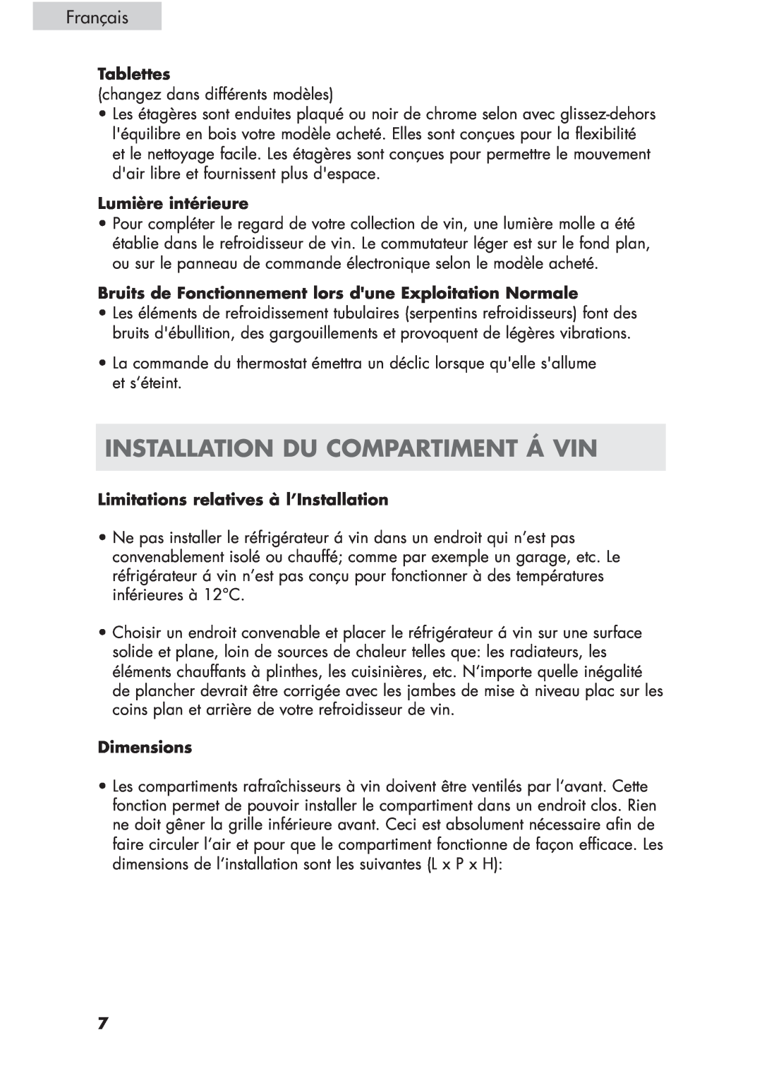 Haier HVCE24, HVCE15 user manual Installation Du Compartiment Á Vin, Français, Tablettes, Lumière intérieure, Dimensions 