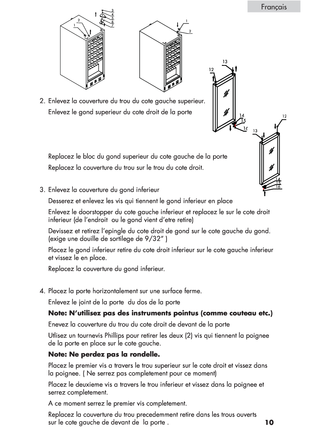 Haier HVCE15, HVCE24 user manual Français, Note: Ne perdez pas la rondelle 