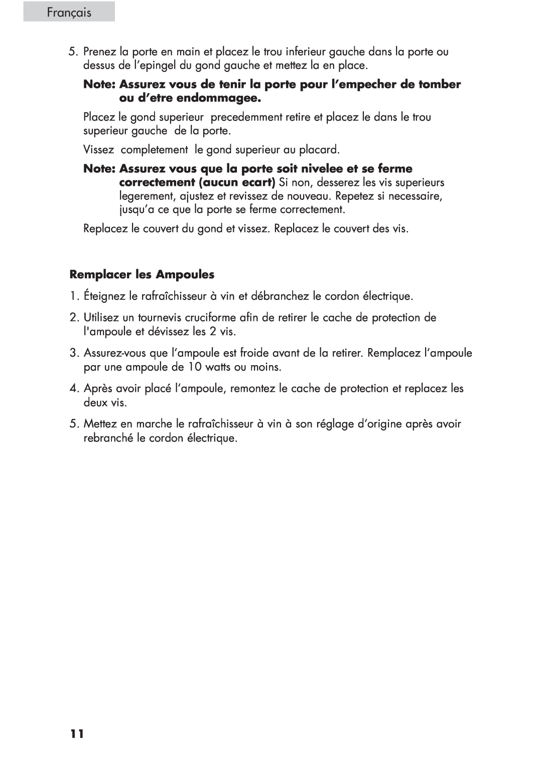 Haier HVCE24, HVCE15 user manual Français, Remplacer les Ampoules 